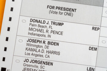 Morgantown, WV - 29 September 2020: Macro close up of the presidential choice in 2020 election on mail-in paper absentee ballot