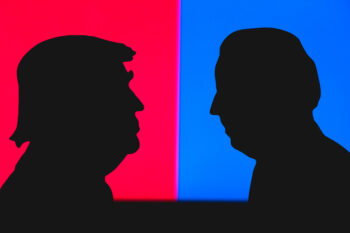 NEW YORK, USA, JUN 17, 2020: Silhouette of republican candidate Donald Trump and democratic candidate Joe Biden. 2020 United States presidential election. US vote, Concept photo for November 3, 2020