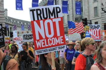 Trump Protest, London, July 13, 2018 : Donald Trump protest march placards Westminster, london, July 13, 2018 in London, UK