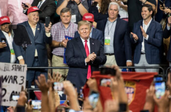 Tampa, Florida – July 31, 2018:  President Donald Trump addresses his supporters at a rally in Tampa, Florida, on July 31, 2018.