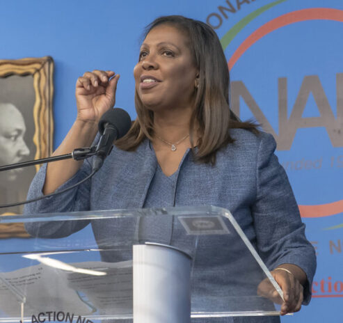 (NEW) National Action Network Marks Martin Luther King Jr. Day. January 15, 2024, New York, New York, USA: New York State Attorney General Letitia James speaks during a Martin Luther King Jr. Day event in Harlem on January 15, 2024 in New York City.  (Credit: M10s / TheNews2) (Foto: M10s/Thenews2/Deposit Photos)